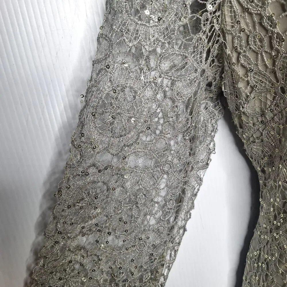 Adrianna Papell Lace Overlay Dress Metallic Sequin Long Sleeve 12 Formal Evening